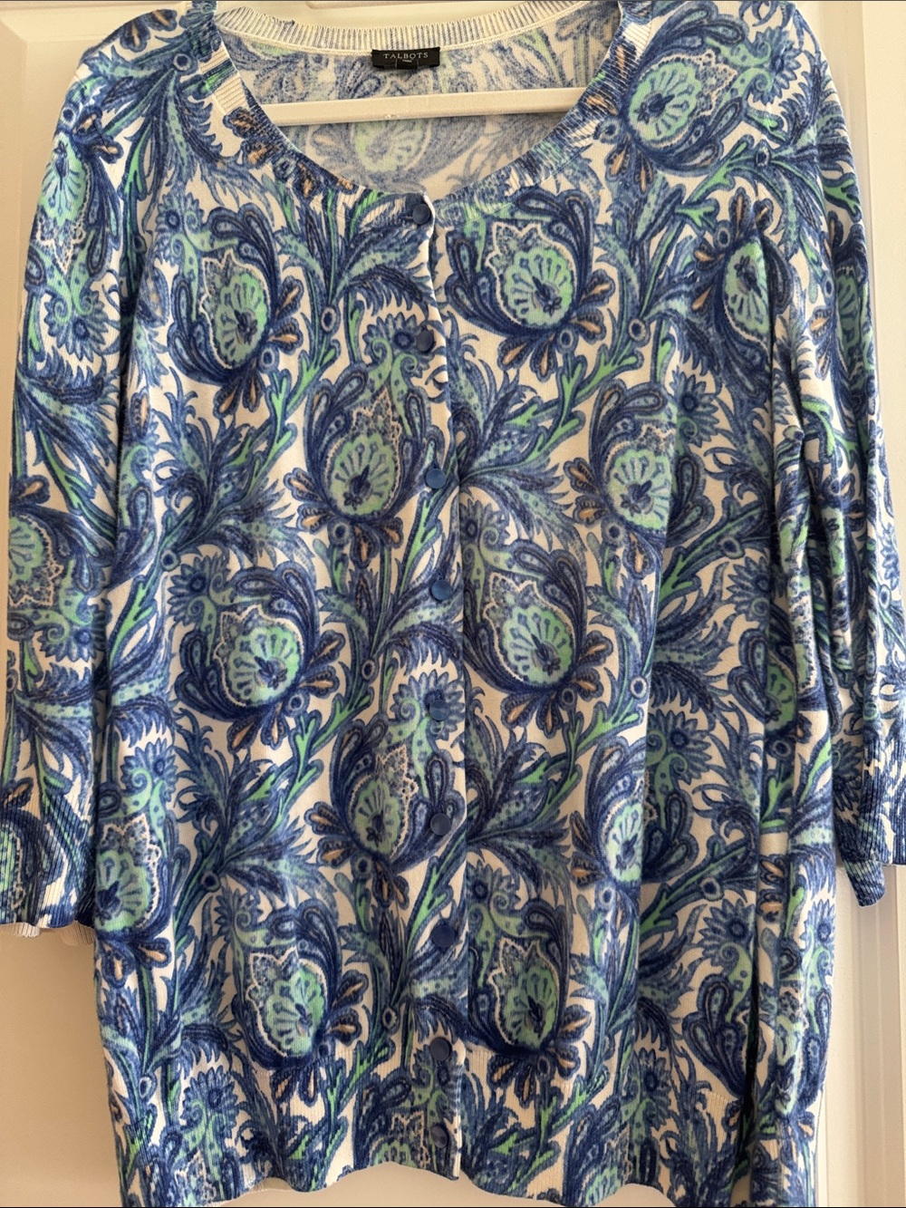 Talbots Blue Green Paisley Scoop Neck Knit Top